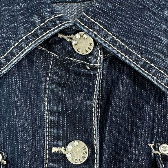 Y2K Clash Embellished Denim Dress Large Wings Cross Punk Goth Cowgirl Western - Picture 6 of 12